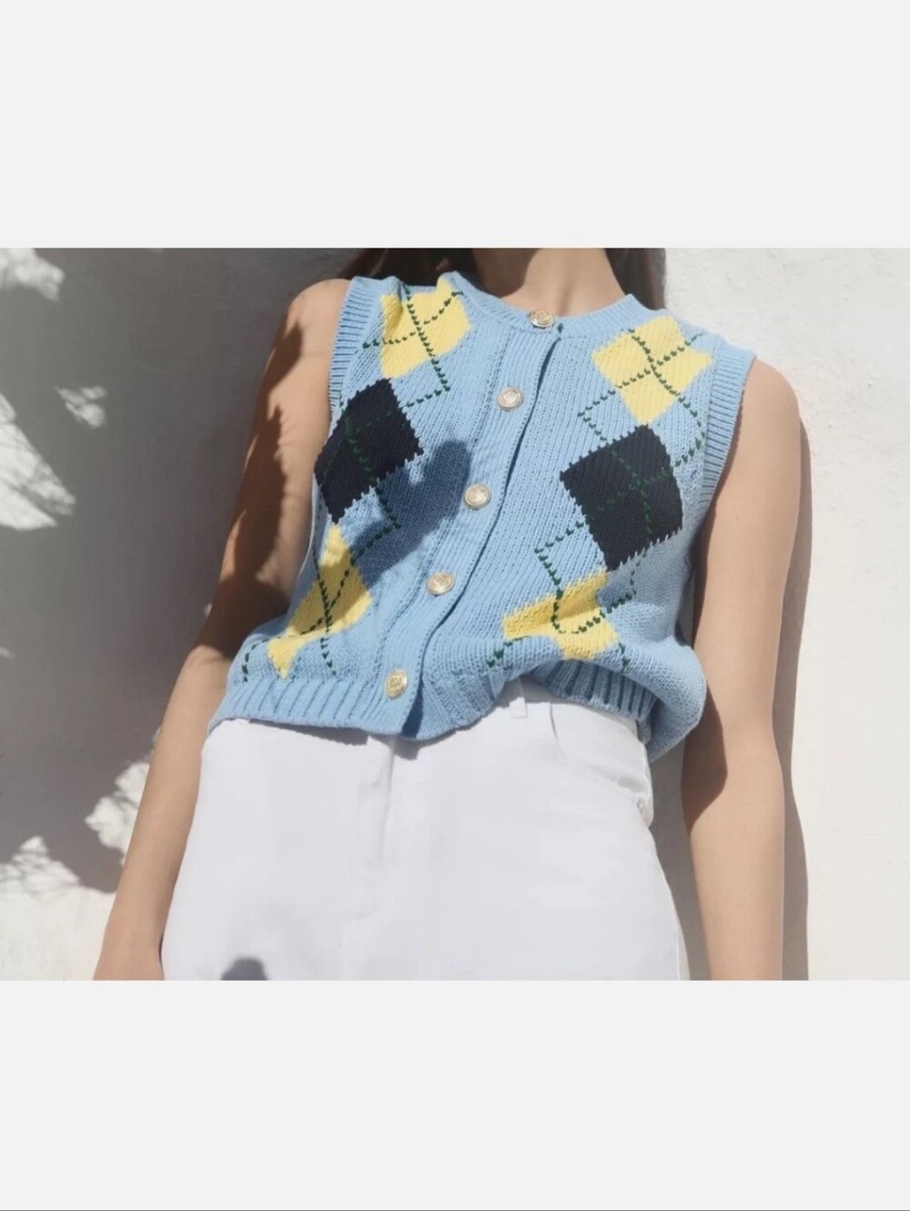 NWT ZARA Light Blue Argyle Knit Vest with Gold Buttons- SIZE LARGE - Picture 3 of 6